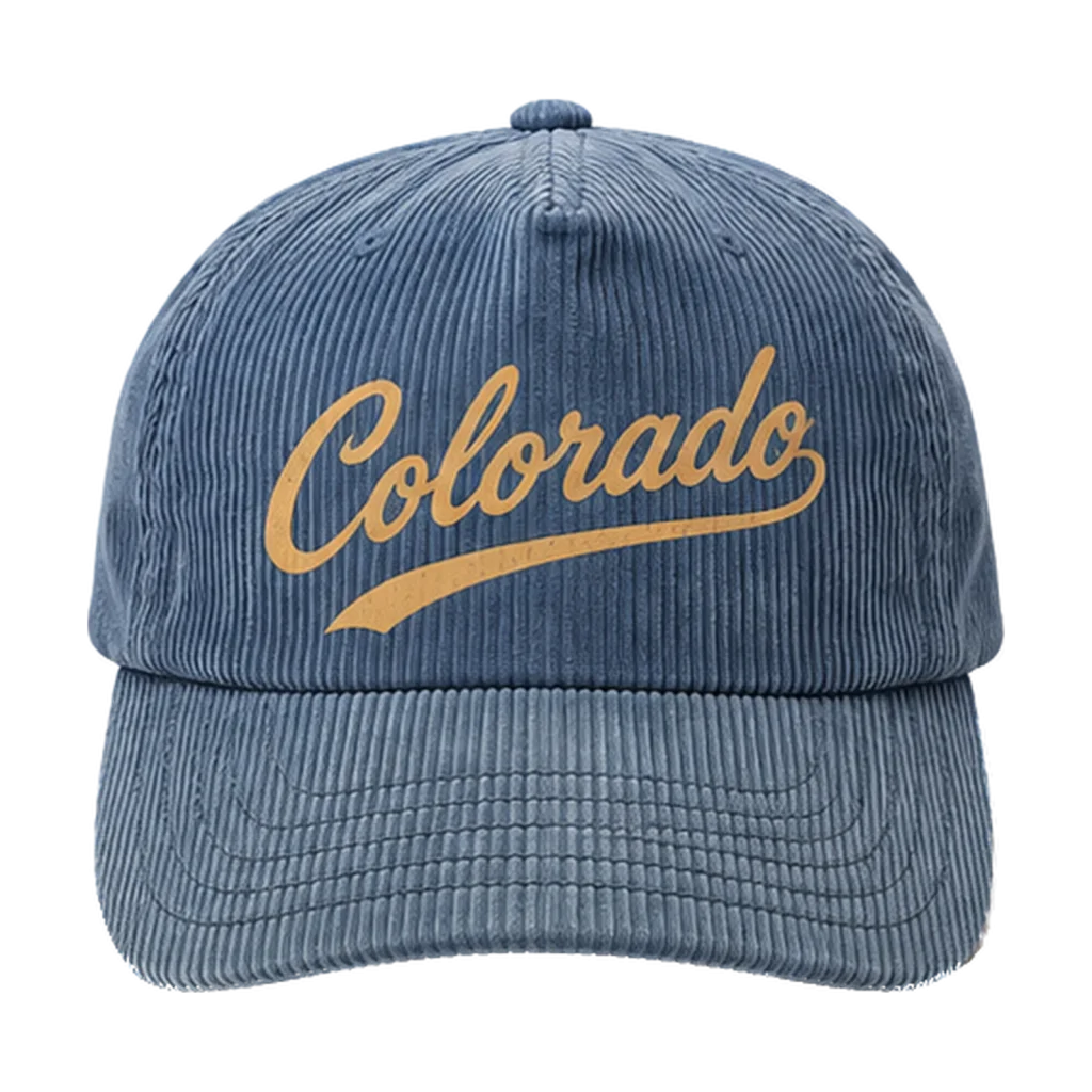 Colorado Hat — Slate blue corduroy, patina gold script.