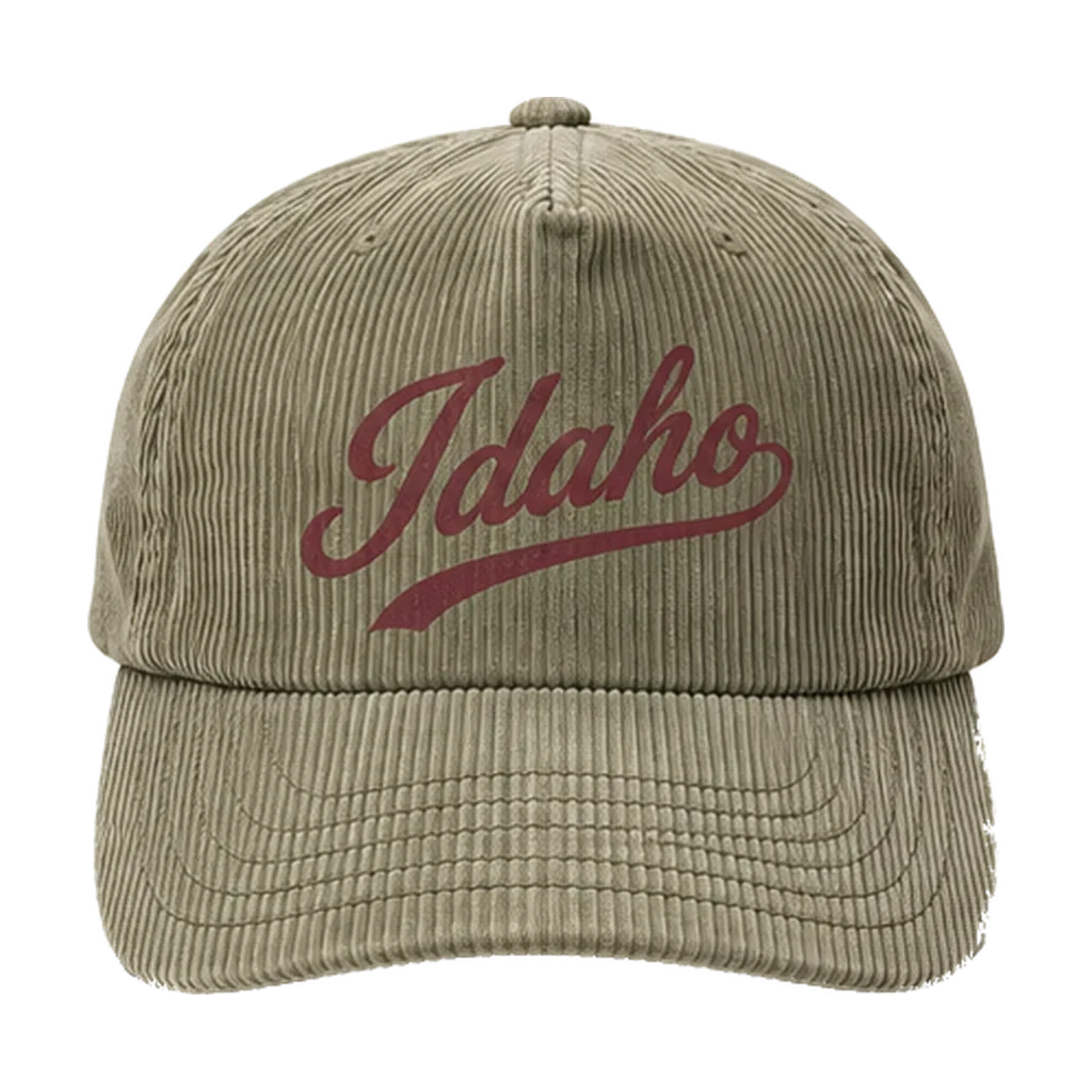 Idaho Hat — Sage corduroy, brick script.