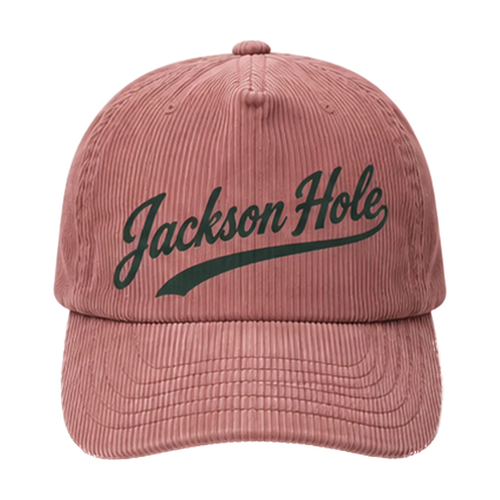 Jackson Hole Hat — Faded rose corduroy, deep spruce script.