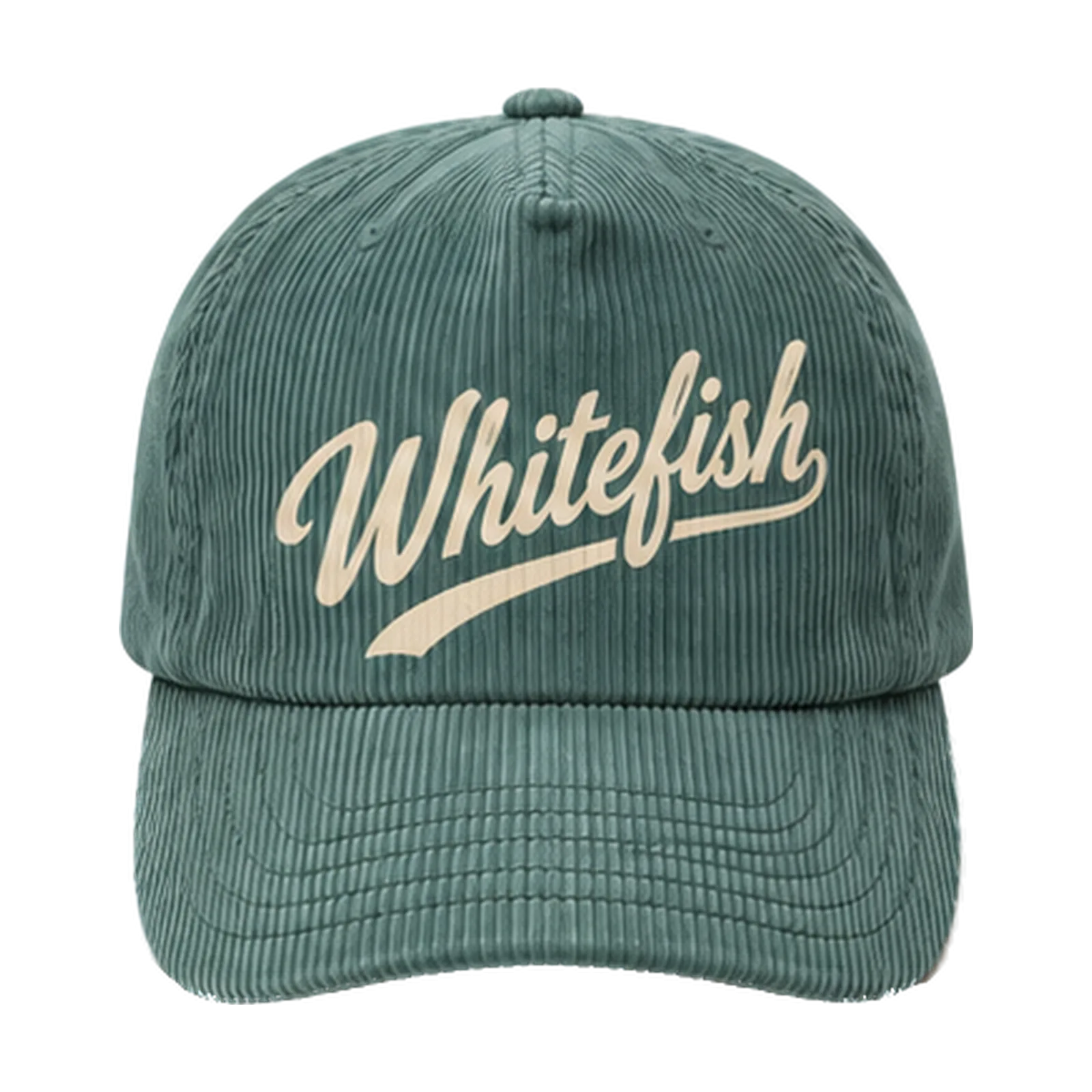 Whitefish Hat — Deep spruce corduroy, cream script.