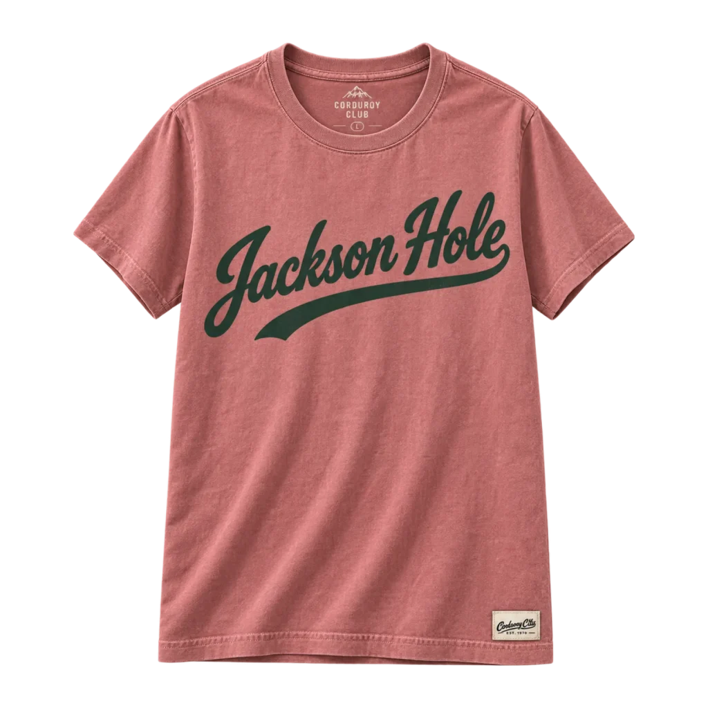 Jackson Hole Tee — Washed brick cotton, deep spruce script.